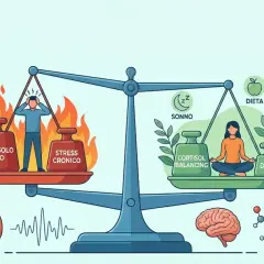 Bilancia tra stress cronico e cortisolo alto, che fa ingrassare, e soluzioni come sonno, dieta e mindfulness per bilanciare il cortisolo.