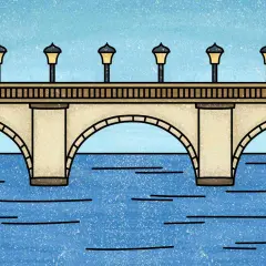 Kamienny most z latarniami, przez który przepływa rzeka. To prosty, kolorowy rysunek dla dzieci.