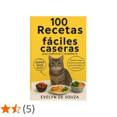 Libro "100 Recetas fáciles caseras" con un gato mirando platos de comida casera para gatos. ¡Recetas saludables y económicas!