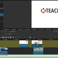 Edytor wideo, przypominający Final Cut Pro, z materiałami wideo i audio na osi czasu.