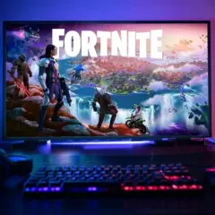 Écran affichant Fortnite avec des personnages, un clavier et une souris éclairés, prêt pour une configuration PC gaming.