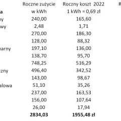 Tabela pokazuje, ile prądu zużywa mieszkanie w bloku, podając roczne zużycie w kWh i koszt w latach 2022-2023.