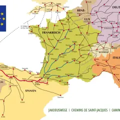 Mapa szlaków pielgrzymkowych Camino de Santiago, ukazująca trasy przez Francję, Hiszpanię, Portugalię i inne kraje Europy.