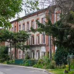 Stary budynek z cegły, zarośnięty zielenią. Właściciele zastanawiają się nad kosztami zarządu nieruchomością wspólną, planując remont.