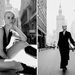 Dwie fotografie ludzi. Kobieta w czarnym stroju siedzi na ulicy, a w drugiej kadrze idzie miejskim deptakiem.