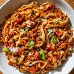 En skål med vegetarisk pasta med linser, tomatsås och basilika, toppad med riven ost.