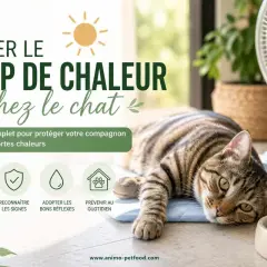 Un chat tigré se repose sur un tapis rafraîchissant, près d'un ventilateur, pour éviter le coup de chaleur. Guide pour protéger votre chat.