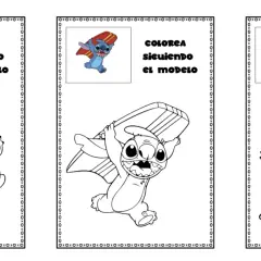 Dibujos para colorear de Stitch: tres escenas de Stitch, una riendo, otra con tabla de surf y una triste con muñeco.