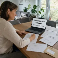 Frau schreibt Widerspruch gegen die Einstufung des Pflegegrads. Auf dem Laptop steht "Widerspruch einlegen".