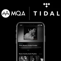 Logo MQA i TIDAL na czarnym tle nad ekranem telefonu z playlistą TIDAL Masters: Aretha Franklin.