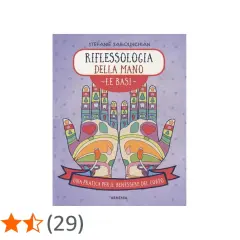 Illustration of two hands with colorful reflexology zones, book title "Riflessologia della Mano".