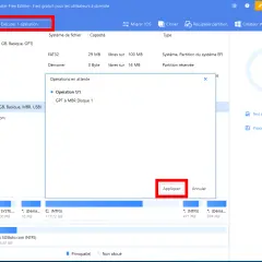 Interface EaseUS Partition Master montrant comment initialiser un disque dur. Une opération "GPT à MBR Disque 1" est en attente, prête à être appliquée.