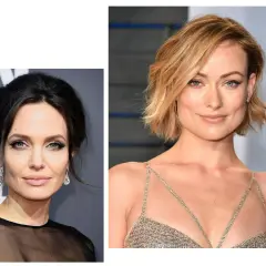 Zwei Frauen mit eckigem Gesicht: links Angelina Jolie mit hochgesteckten Haaren, rechts Olivia Wilde mit kurzem Bob. Frisuren eckiges Gesicht vorher nachher.