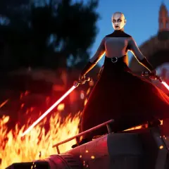 Siostra Nocy z podwójnym mieczem świetlnym na tle płomieni, jakby z gry Star Wars Battlefront 3.