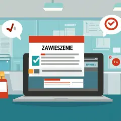 Dokument "Zawieszenie" na ekranie laptopa, obok dokumenty i ikony potwierdzenia. Proces zawieszenia działalności a konto firmowe.