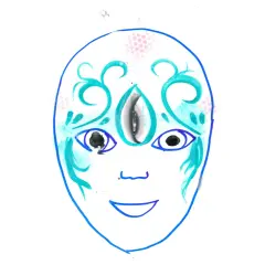 Disegno di un volto con trucco unicorno bimba facile: occhi grandi, terzo occhio e decorazioni azzurre.