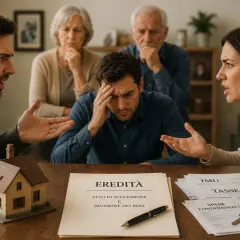 Famiglia in lite per l'eredità. La sorella non vuole fare la successione, mentre gli altri discutono animatamente attorno a documenti e una casa giocattolo.