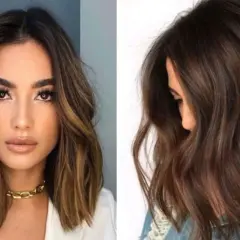 Dwie kobiety prezentują modną fryzurę long bob z subtelnymi refleksami.