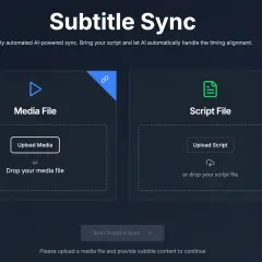 AI-powered Subtitle Sync interface. Upload media and script files to fix subtitles out of sync.