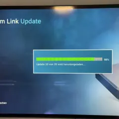 Ekran Steam Link Update pokazuje postęp pobierania aktualizacji 33 z 35. Gdzie jest link do wymiany Steam?