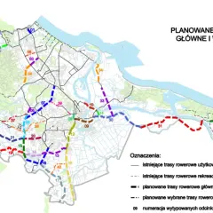Mapa planowanych tras rowerowych w Gdańsku, z zaznaczoną ścieżką na wyspie sobieszewskiej rowerem.