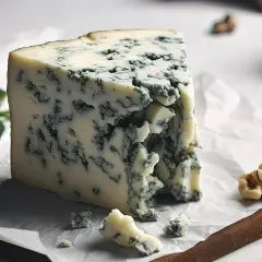 Kawałek sera gorgonzola, co to za przysmak? Kremowy, z niebieskimi żyłkami, obok orzechy włoskie i listki.