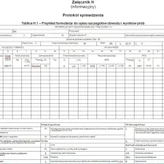 Protokół sprawdzenia zawiera szczegółowe **pomiary elektryczne protokoły** dotyczące obwodów i wyników prób, z danymi technicznymi i wynikami testów.
