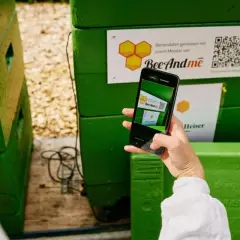 Skanowanie kodu QR na ulu BeeAndMe. Smartfon w dłoni pokazuje ekran z tym samym kodem, gotowy do odczytu danych.