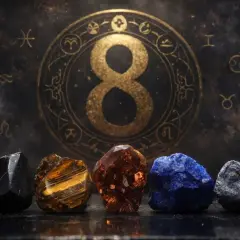 Pięć kryształów przed złotym znakiem ósemki i zodiaku. Numerologia 8 w centrum uwagi.