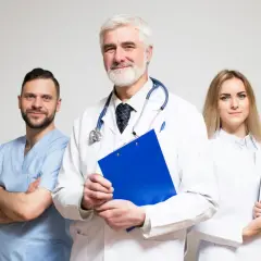 Tre medici sorridono, uno con camice azzurro, uno con camice bianco e stetoscopio, e una donna con camice bianco. Gestiscono la fatturazione medici con professionalità.