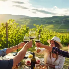 Amici brindano con calici di vini oltrepò pavese in un vigneto al tramonto, tra colline verdi e sole dorato.