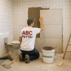 Fachowiec z koszulką "ABC PŁYTKI" kładzie nowe płytki na ścianie w łazience. Czy można położyć płytki na płytki? Tak, jeśli podłoże jest odpowiednio przygotowane.