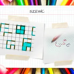 Dwie kartki z siatką: na jednej kolorowanka z literami, na drugiej szkic słowa "szewc" (gra).