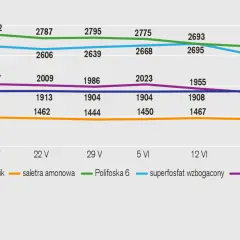 Wykres pokazuje zmienne ceny nawozów: mocznika, saletry amonowej, Polifoski 6, superfosfatu wzbogaconego i soli potasowej w maju i czerwcu.