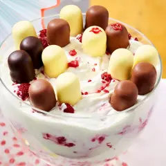 Cremiges Dessert mit Himbeeren und Schoko-Bällen. Tolle Nachtisch Ideen für jede Feier!