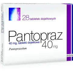 Opakowanie leku Pantopraz 40 mg, zawierające 28 tabletek dojelitowych. Producent: BIOFARM.