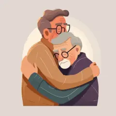 Un padre anziano e suo figlio si abbracciano teneramente. Un momento di profondo affetto e legame familiare.