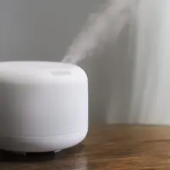 Humidificador blanco emitiendo vapor, ideal para aliviar la congestión por alergia y mejorar la calidad del aire en tu hogar.