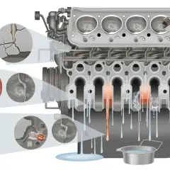 Ilustracja pokazuje przekrój silnika z widocznymi pęknięciami i wyciekami płynu chłodzącego. Objawy pękniętej tulei cylindra to m.in. wycieki i przegrzewanie.