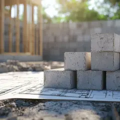Stos bloczków gazobetonu na planach budowy domu. Wybór materiału: gazobeton czy pustak ceramiczny?