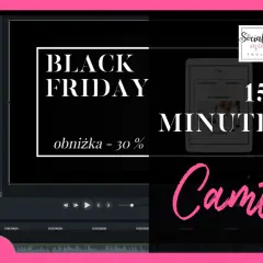 Edytor wideo Camtasia z napisem "BLACK FRIDAY - obniżka 30%" i grafiką "15 MINUTE TOOL".