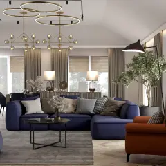 Nowoczesny salon z aneksem kuchennym 30m2 projekt: granatowa sofa, pomarańczowy fotel, designerskie lampy i jadalnia w tle.