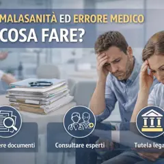 Coppia preoccupata per malasanità ed errore medico. Tre icone: raccogliere documenti, consultare esperti, tutela legale.