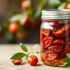 Glas mit getrockneten Tomaten in Öl, daneben frische Tomaten und grüne Blätter.