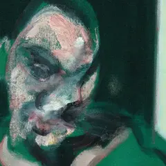 A haunting portrait in the style of artists like Francis Bacon, with blurred features and intense brushstrokes on a dark green background.