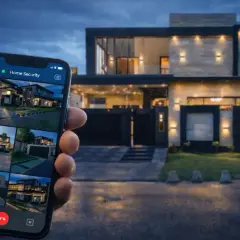 Dłoń trzyma smartfon z widokiem na dom i aplikacją "Home Security", pokazującą podgląd z kamer. To pokazuje, cctv co to jest – zdalny monitoring.