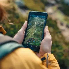 Ręce trzymają smartfon z mapą szlaków. Ta aplikacja w góry pomoże Ci zaplanować trasę i nie zgubić się wśród zielonych zboczy.