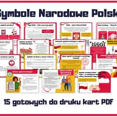 Plakat z polskimi symbolami narodowymi: flagą, godłem, hymnem i innymi.