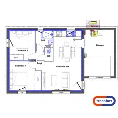 Plan de garage accolé à la maison, comprenant deux chambres, une pièce de vie, une salle de bain, un WC et un garage.