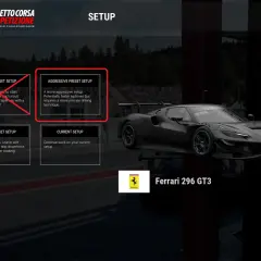 Menu de configuration pour Assetto Corsa : choix entre setup agressif, sûr, pluie ou actuel pour la Ferrari 296 GT3.